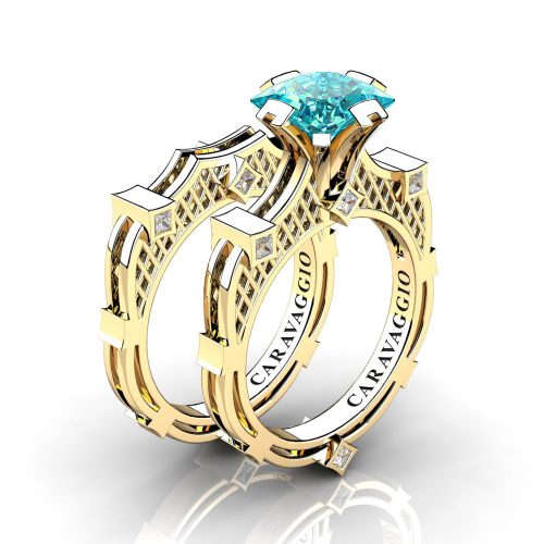 Art Masters Caravaggio 14K Yellow Gold 2.0 Ct Princess Blue and White Diamond Engagement Ring Wedding Band Bridal Set R782PS-14KYGDBLD