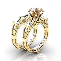 Art Masters Caravaggio 14K Yellow Gold 2.0 Ct Princess Champagne Diamond Engagement Ring Wedding Band Bridal Set R782PS-14KYGCHD