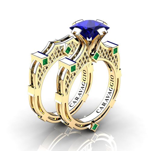 Art Masters Caravaggio 14K Yellow Gold 2.0 Ct Princess Blue Sapphire Emerald Engagement Ring Wedding Band Bridal Set R782PS-14KYGEMBS