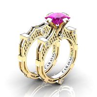 Art Masters Caravaggio 14K Yellow Gold 2.0 Ct Princess Pink Sapphire Diamond Engagement Ring Wedding Band Bridal Set R782PS-14KYGDPS