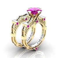Art Masters Caravaggio 14K Yellow Gold 2.0 Ct Princess Pink Sapphire Engagement Ring Wedding Band Bridal Set R782PS-14KYGPS