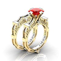 Art Masters Caravaggio 14K Yellow Gold 2.0 Ct Princess Ruby Diamond Engagement Ring Wedding Band Bridal Set R782PS-14KYGDR