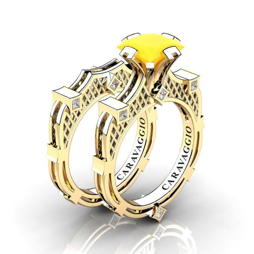 Art Masters Caravaggio 14K Yellow Gold 2.0 Ct Princess Yellow Onyx Diamond Engagement Ring Wedding Band Bridal Set R782PS-14KYGDYX