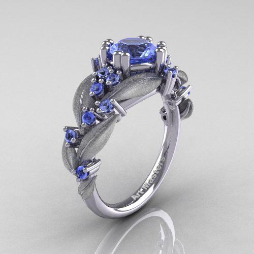 Nature Inspired 14K White Gold 1.0 Ct Light Blue Sapphire Leaf and Vine Engagement Ring R340S-14KWGLBS
