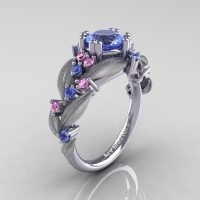 Nature Inspired 14K White Gold 1.0 Ct Light Blue Light Pink Sapphire Leaf and Vine Engagement Ring R340S-14KWGLPSLBS2