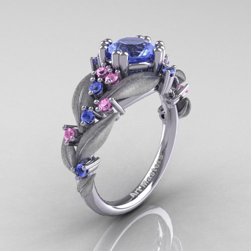 Nature Inspired 14K White Gold 1.0 Ct Light Blue Light Pink Sapphire Leaf and Vine Engagement Ring R340S-14KWGLPSLBS2
