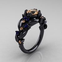 Nature Inspired 14K Black Gold 1.0 Ct Champagne Diamond Blue Sapphire Leaf and Vine Engagement Ring R340-14KBGBSCHD