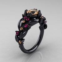 Nature Inspired 14K Black Gold 1.0 Ct Champagne Diamond Pink Sapphire Leaf and Vine Engagement Ring R340-14KBGPSCHD