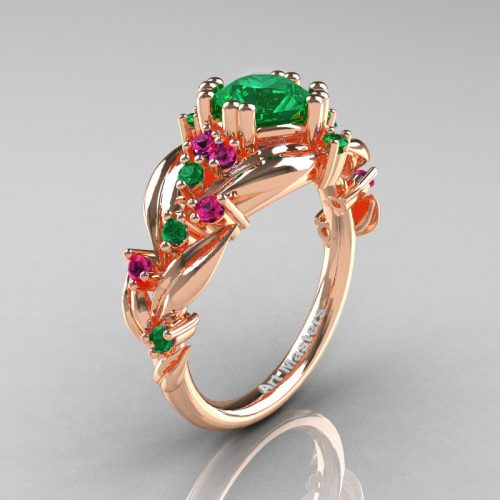 Nature Inspired 14K Rose Gold 1.0 Ct Emerald Pink Sapphire Emerald Leaf and Vine Engagement Ring R340-14KRGPSEM