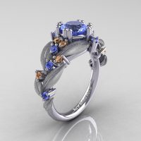 Nature Inspired 14K White Gold 1.0 Ct Light Blue Sapphire Champagne Diamond Leaf and Vine Engagement Ring R340S-14KWGCHDLBS