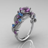 Nature Inspired 14K White Gold 1.0 Ct Lilac Amethyst Blue Topaz Leaf and Vine Engagement Ring R340S-14KWGBTLAM