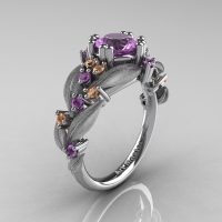 Nature Inspired 14K White Gold 1.0 Ct Lilac Amethyst Champagne Diamond Leaf and Vine Engagement Ring R340S-14KWGCHDLAM