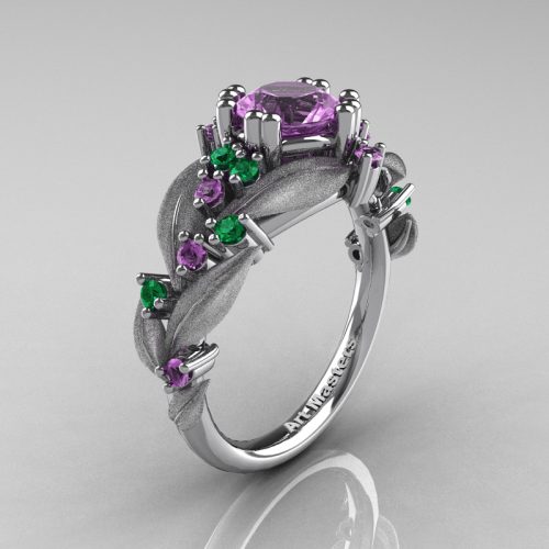 Nature Inspired 14K White Gold 1.0 Ct Lilac Amethyst Emerald Leaf and Vine Engagement Ring R340S-14KWGEMAM
