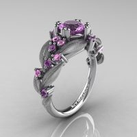 Nature Inspired 14K White Gold 1.0 Ct Lilac Amethyst Light Pink Sapphire Leaf and Vine Engagement Ring R340S-14KWGLPSLAM