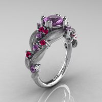 Nature Inspired 14K White Gold 1.0 Ct Lilac Amethyst Rose Ruby Leaf and Vine Engagement Ring R340S-14KWGRRLAM