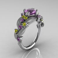 Nature Inspired 14K White Gold 1.0 Ct Lilac Amethyst Yellow Sapphire Leaf and Vine Engagement Ring R340S-14KWGYSLAM