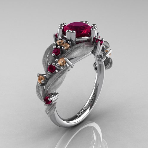 Nature Inspired 14K White Gold 1.0 Ct Rose Ruby Champagne Diamond Leaf and Vine Engagement Ring R340S-14KWGCHDRR