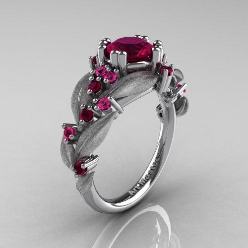 Nature Inspired 14K White Gold 1.0 Ct Rose Ruby Pink Sapphire Leaf and Vine Engagement Ring R340S-14KWGPSRR