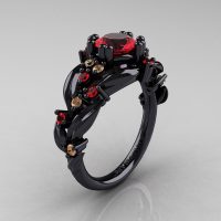 Nature Inspired 14K Black Gold 1.0 Ct Ruby Champagne Diamond Leaf and Vine Engagement Ring R340S-14KBGCHDR