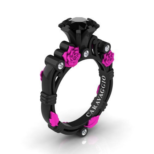 Art Masters Caravaggio 14K Black Fuchsia Gold 1.0 Ct Black and White Diamond Rose Vine Engagement Ring R719-14KBFGDBD