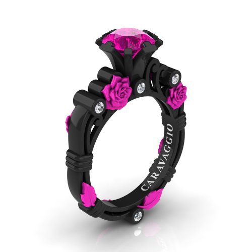 Art Masters Caravaggio 14K Black Fuchsia Gold 1.0 Ct Pink Sapphire Diamond Rose Vine Engagement Ring R719-14KBFGDPS