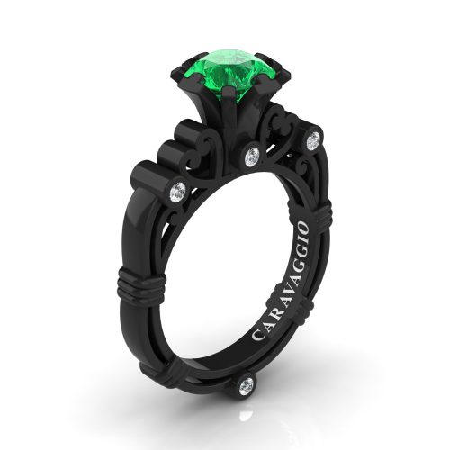 Art Masters Caravaggio 14K Black Gold 1.0 Ct Emerald Diamond Italian Engagement Ring R659-14KBGDEM