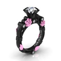 Art Masters Caravaggio 14K Black Light Pink Gold 1.0 Ct White Sapphire Diamond Rose Vine Engagement Ring R719-14KBLPGDWS