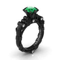 Art Masters Caravaggio 14K Black Gold 1.0 Ct Emerald Diamond Rose Vine Engagement Ring R719-14KBGDEM