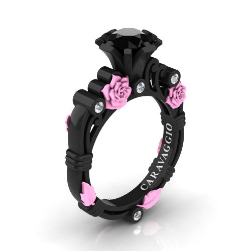 Art Masters Caravaggio 14K Black Light Pink Gold 1.0 Ct Black and White Diamond Rose Vine Engagement Ring R719-14KBLPGDBD