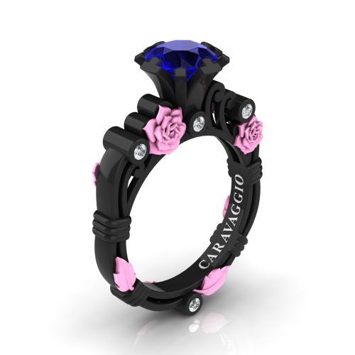 Art Masters Caravaggio 14K Black Light Pink Gold 1.0 Ct Blue Sapphire Diamond Rose Vine Engagement Ring R719-14KBLPGDBS