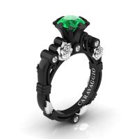 Art Masters Caravaggio 14K Black White Gold 1.0 Ct Emerald Diamond Rose Vine Engagement Ring R719-14KBWGSDEM