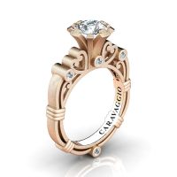 Art Masters Caravaggio 14K Matte Rose Gold 1.0 Ct White Sapphire Diamond Italian Engagement Ring R659-14KRGMDWS