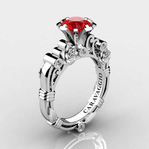 Art Masters Caravaggio 14K White Gold 1.0 Ct Ruby Diamond Rose Vine Engagement Ring R719-14KWGSDR