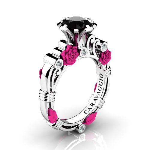 Art Masters Caravaggio 14K White Fuchsia Gold 1.0 Ct Black and White Diamond Rose Vine Engagement Ring R719-14KWFGDBD