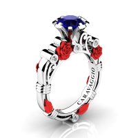 Art Masters Caravaggio 14K White Red Gold 1.0 Ct Blue Sapphire Diamond Rose Vine Engagement Ring R719-14KWCRGDBS