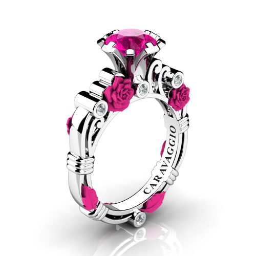 Art Masters Caravaggio 14K White Fuchsia Gold 1.0 Ct Pink Sapphire Diamond Rose Vine Engagement Ring R719-14KWFGDPS