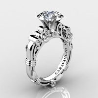 Art Masters Caravaggio 14K White Gold 1.0 Ct White Sapphire Diamond Rose Vine Engagement Ring R719-14KWGSDWS