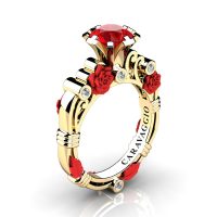 Art Masters Caravaggio 14K Yellow Red Gold 1.0 Ct Ruby Diamond Rose Vine Engagement Ring R719-14KYCRGDR