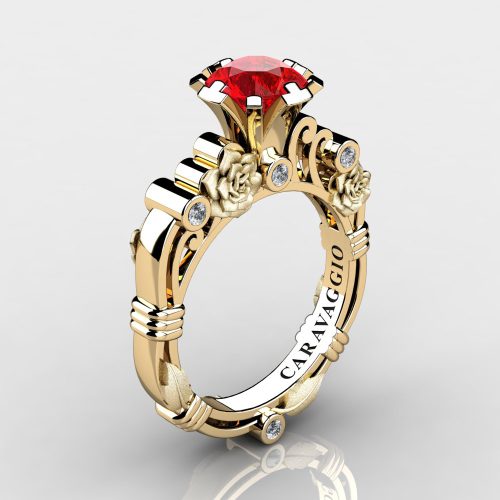 Art Masters Caravaggio 14K Yellow Gold 1.0 Ct Ruby Diamond Rose Vine Engagement Ring R719-14KYGSDR