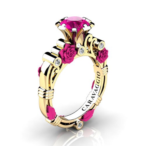 Art Masters Caravaggio 14K Yellow Fuchsia Gold 1.0 Ct Pink Sapphire Diamond Rose Vine Engagement Ring R719-14KYFGDPS