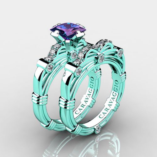 Art Masters Caravaggio 14K Cyan Gold 1.25 Ct Princess Alexandrite Diamond Engagement Ring Wedding Band Set R673PS-14KCGDAL