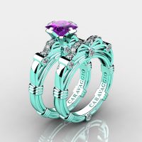Art Masters Caravaggio 14K Cyan Gold 1.25 Ct Princess Amethyst Diamond Engagement Ring Wedding Band Set R673PS-14KCGDAM
