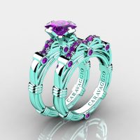 Art Masters Caravaggio 14K Cyan Gold 1.25 Ct Princess Amethyst Engagement Ring Wedding Band Set R673PS-14KCGAM