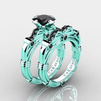 Art Masters Caravaggio 14K Cyan Gold 1.25 Ct Princess Black Diamond Engagement Ring Wedding Band Set R673PS-14KCGBD
