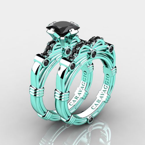 Art Masters Caravaggio 14K Cyan Gold 1.25 Ct Princess Black Sapphire Engagement Ring Wedding Band Set R673PS-14KCGBLS
