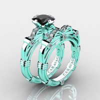 Art Masters Caravaggio 14K Cyan Gold 1.25 Ct Princess Black and White Diamond Engagement Ring Wedding Band Set R673PS-14KCGDBD