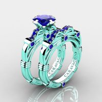 Art Masters Caravaggio 14K Cyan Gold 1.25 Ct Princess Blue Sapphire Engagement Ring Wedding Band Set R673PS-14KCGBS