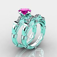 Art Masters Caravaggio 14K Cyan Gold 1.25 Ct Princess Pink Sapphire Diamond Engagement Ring Wedding Band Set R673PS-14KCGDPS