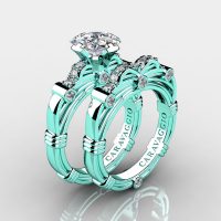 Art Masters Caravaggio 14K Cyan Gold 1.25 Ct Princess White Sapphire Diamond Engagement Ring Wedding Band Set R673PS-14KCGDWS