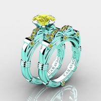 Art Masters Caravaggio 14K Cyan Gold 1.25 Ct Princess Yellow Sapphire Engagement Ring Wedding Band Set R673PS-14KCGYS